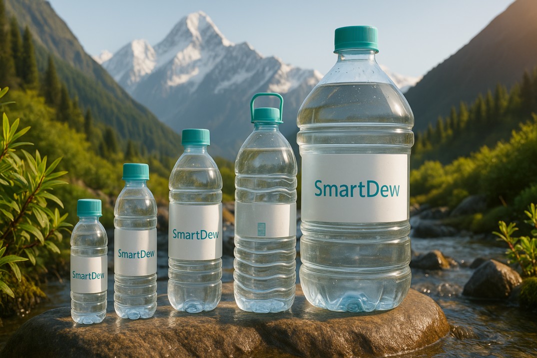 SmartDew bottles in a natural mountain setting